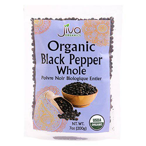 Jiva Organics Black Peppercorns Whole Tellicherry 7 Ounce Bag | Non-GMO, Steam Sterilized, Whole Black Pepper For Grinder Refill