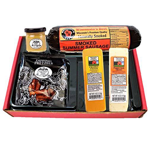 WISCONSIN’S BEST AND WISCONSIN CHEESE COMPANY’S - 100% Wisconsin Cheese, Sausage & Gourmet Dipping Pretzel Gift Box. Excellent Christmas Holiday Gift Baskets for Friends & Family.