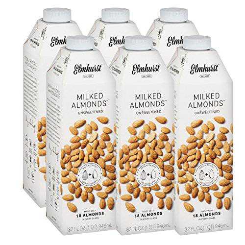 Elmhurst Milked - Unsweetened Almond Milk - 32 Fluid Ounces (Pack of 6) Only 2 Ingredients, 4X the Protein, Non Dairy, Keto Friendly, No Added Sugar, Vegan
