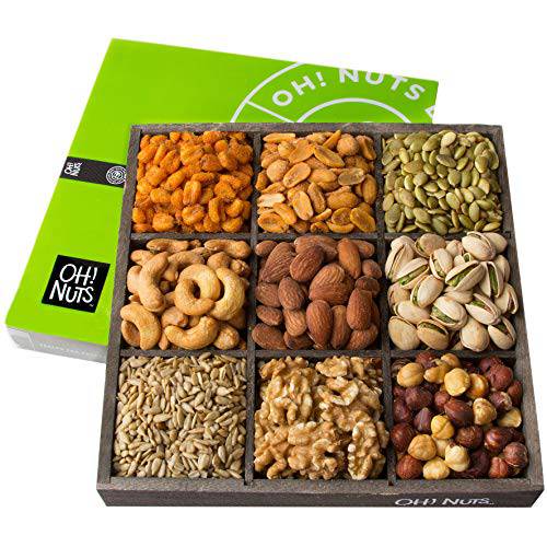 Oh Nuts 9 Variety Mixed Nuts Gift Basket | Freshly Roasted Healthy Gourmet Holiday Snack Gift | Premium Wood Food Basket for Men, Women, Birthday, Anniversary, Corporate Tray