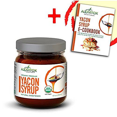Organic Yacon Syrup by Alovitox - Natural Sweetener Rich in Antioxidants, Vitamins, Prebiotics Helps with Low Glycemic Index, Low Calorie, Boosts Metabolism - USDA Organic (8 oz, 1 Jar))