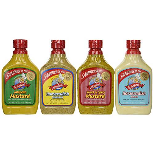 Woeber’s Sandwich Pal 4 Flavor Variety Bundle: (1) Horseradish Mustard, (1) Sweet & Spicy Mustard, (1) Jalapeno Mustard & (1) Horseradish Sauce, 16 Oz. Ea.