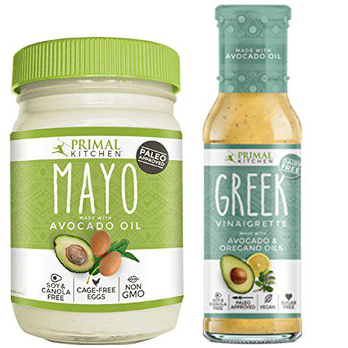 Primal Kitchen - Avocado Mayo and Greek Vinaigrette Combo Pack, Non-GMO Verified, Paleo and Whole30 Approved (8 oz and 12 oz)