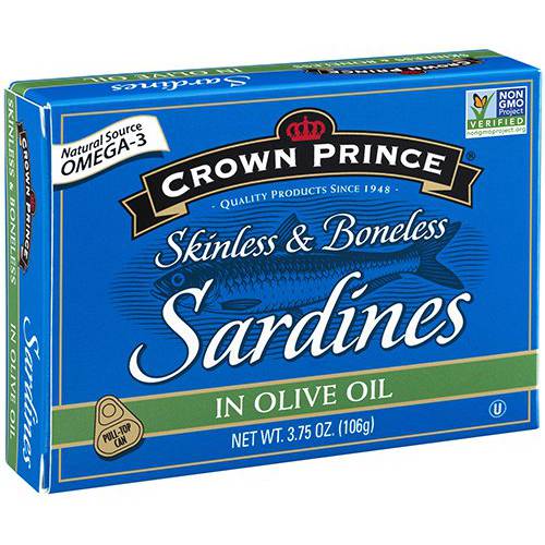 Crown Prince Skinless & Boneless Sardines in Olive Oil, 3.75-Ounce Cans (Pack of 12)