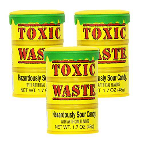 TOXIC WASTE | 3-Pack Toxic Waste Original Yellow Drums of Assorted Sour Candy - 5 Flavors: Apple, Watermelon, Lemon, Blue Raspberry, and Black Cherry (1.7 oz)