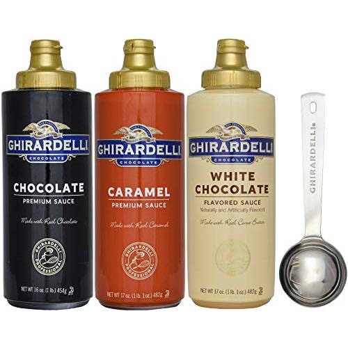 Ghirardelli Chocolate Sauce, White Chocolate Flavored Sauce, Caramel Sauce 16 oz Squeeze Bottles (Pack of 3) with Ghirardelli Stamped Barista Spoon