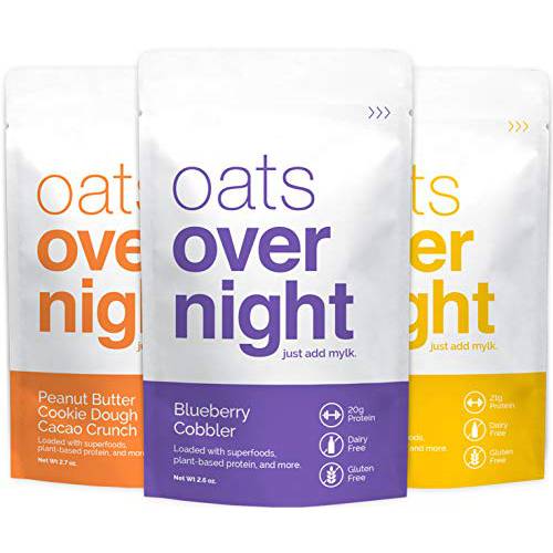 Oats Overnight - Vegan Variety Pack (8 Meals) High Protein, Low Sugar Breakfast Shake - Gluten Free, High Fiber, Non GMO Oatmeal (2.6oz per meal) Vegan & Plant-Based.