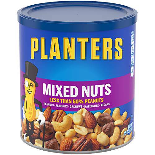 Planters Mixed Nuts (15 oz Canister) - Variety Mixed Nuts with Less Than 50% Peanuts with Peanuts, Almonds, Cashews, Hazelnuts & Pecans