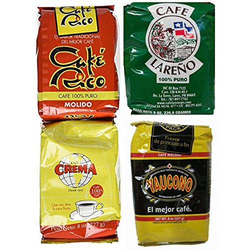 Puerto Rican Ground Coffee Variety Pack - 4 Local Favorites In 8 Ounce Bags Includes 2 Envelopes Of Sason Accent