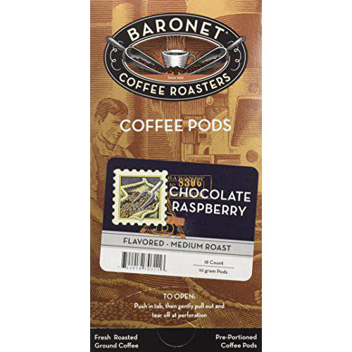 Baronet Coffee Chocolate Raspberry Coffee Pods - Flavored - Medium Roast - 3 Boxes of 18 Single Serve Coffee Pods - 54 Count, 10 Grams - Individually Wrapped for Freshness