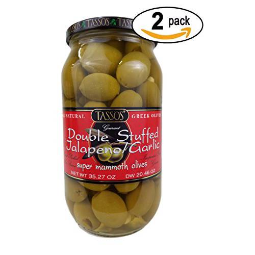 2 Pack Of Tassos All Natural Double Stuffed Jalapeno And Garlic Super Mammoth Olives (2X35.27 oz.)
