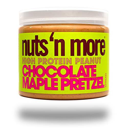 Nuts ‘N More Chocolate Maple Pretzel Peanut Butter Spread, Added Protein All Natural Snack, Low Carb, Low Sugar, Gluten Free, Non-GMO, High Protein Flavored Nut Butter (15 oz Jar)