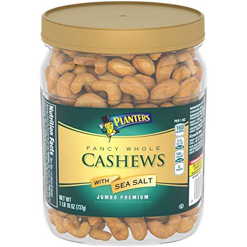 PLANTERS Fancy Whole Cashews with Sea Salt, 26 oz. Resealable Jar - Made with Simple Ingredients - Good Source of Vitamins and Minerals - Kosher (Packaging May Vary)