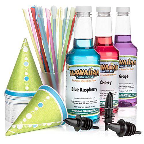 Hawaiian Shaved Ice Syrup 3 Pack with Accessories