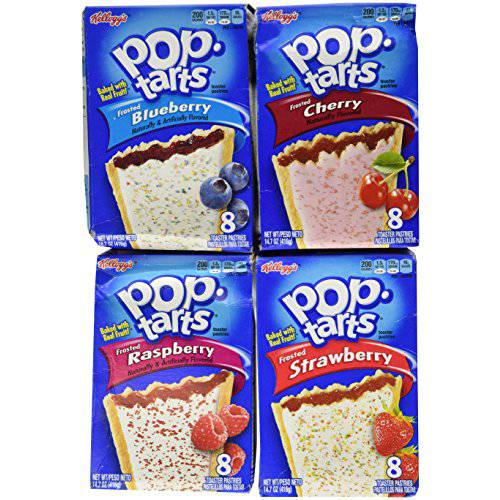 Pop Tarts Variety Pack, Frosted FRUIT Flavors: Strawberry, Blueberry, Cherry, and Raspberry. Bundle of 4-8 Count Boxes, 1 of Each Flavor. Great Care Package or Gift