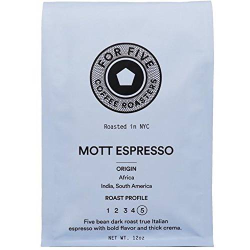 For Five Coffee Roasters - Roasted In NYC - Mott Espresso Dark Roast (Origin: Africa, India, South America), Whole Bean 12 oz