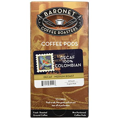 Baronet Coffee Decaf Colombian Coffee Pods - Decaf - Medium Roast - 3 Boxes of 18 Single Serve Coffee Pods - 54 Count, 10 Grams - Individually Wrapped for Freshness
