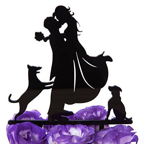 LOVENJOY Dogs Wedding Cake Topper Bride Groom with 2 Dogs Black, Gift Boxed