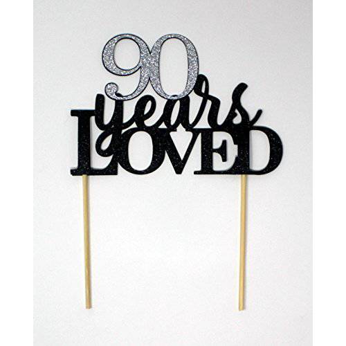 All About Details 90 Years Loved Cake Topper (Black & Silver), 6 x 8
