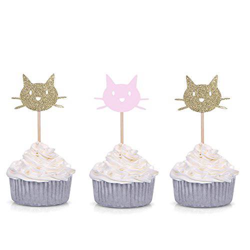 24 CT Gold and Pink Kitten Cat Glitter Cupcake Toppers - by Giuffi