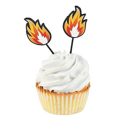 Fire Plastic Cupcake Picks - Bulk set of 25 - Birthday Party Supplies - Superhero and Firefighter Themed Events