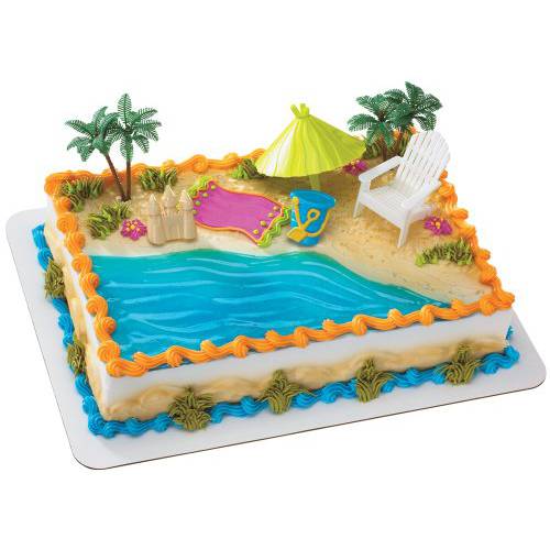 DecoSet® Beach Chair and Umbrella Tropical Beach Cake Decoration, 6 Piece Cake Topper Set, Palm Trees, Deck Chair, Beach Umbrella, Sand Castle and Bucket, Food Safe,