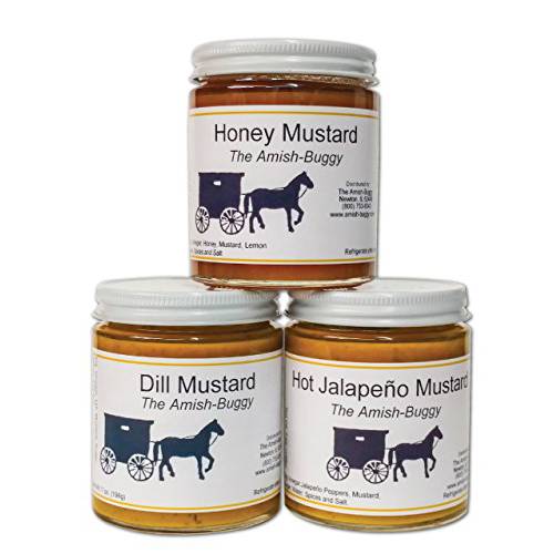 Amish Mustard Assortment - Three 7 Oz Jars - Dill, Honey & Hot Jalapeno