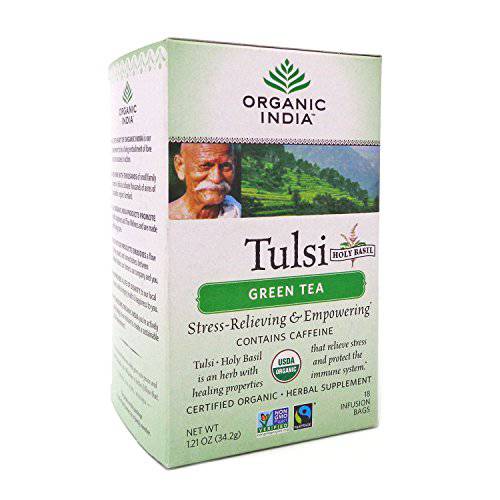 Organic India Tulsi Green Herbal Tea - Stress Relieving & Empowering, Immune Support, Vegan, USDA Certified Organic, Premium Darjeeling Green Tea, Caffeinated - 18 Infusion Bags, 6 Pack