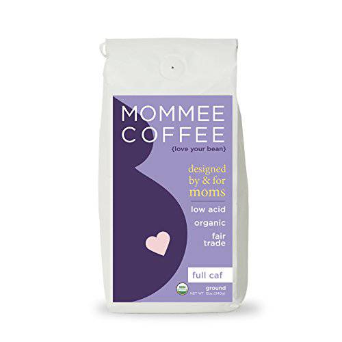 Mommee Coffee Full Caf Ground Low Acid Coffee - 100% Arabica Organic Coffee Beans with Smooth Caramel Flavor - Medium Grind for Drip, Reusable One Cup Filters - 11 oz