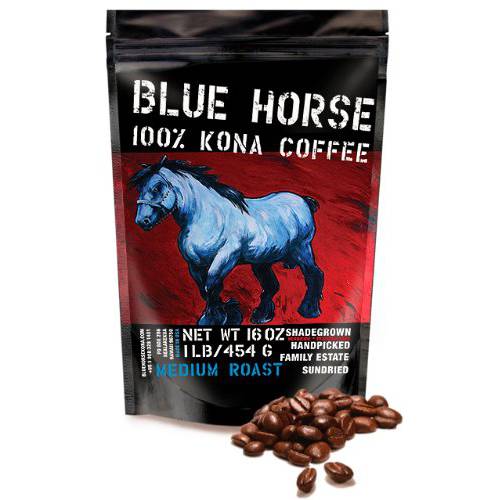 Farm-fresh: 100% Kona Coffee - Medium Roast - Arabica Whole Beans - 1 Lb or 16 oz Bag - Blue Horse 100% Kona Coffee from Hawaii
