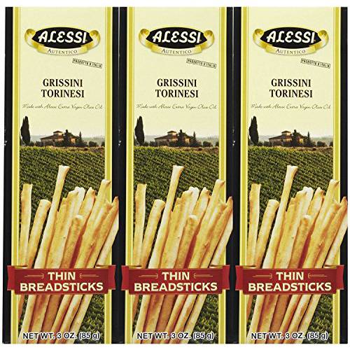 Alessi Imported Breadsticks, Thin Autentico Italian Crispy Bread Sticks, Low Fat Made with Extra Virgin Olive Oil, 3oz (Thin, 3 Ounce (Pack of 3))
