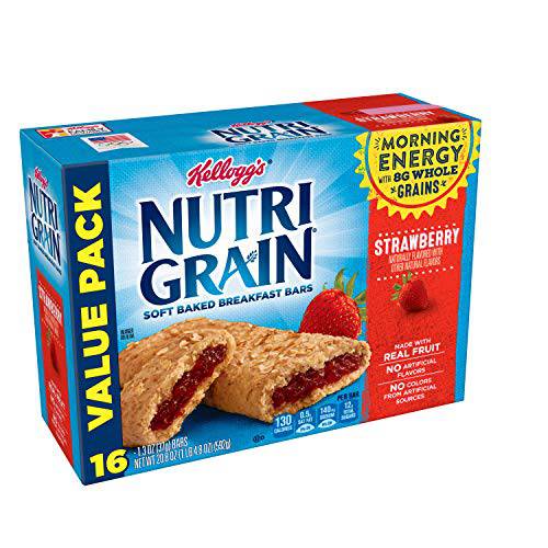 Kellogg’s Nutri-Grain, Soft Baked Breakfast Bars, Strawberry, Made with Whole Grain, Value Pack, 20.8 oz (16 Count)