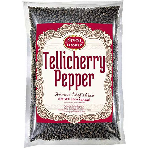 Spicy World Whole Black Peppercorns Tellicherry 16 Oz in Resealable Bag- Steam Sterilized- Non-GMO Black Pepper - Grinder Refill