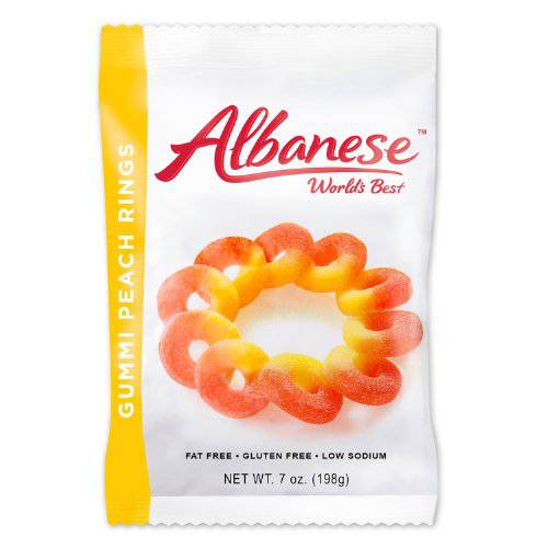 Albanese World’s Best Gummi Peach Rings, 7 Ounce Peg Bag (Pack of 12)