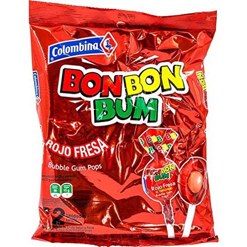 Colombina Bon Bon Bum Strawberry Bubble Gum Lollipops, Pack of 24 Bubble Gum Pops