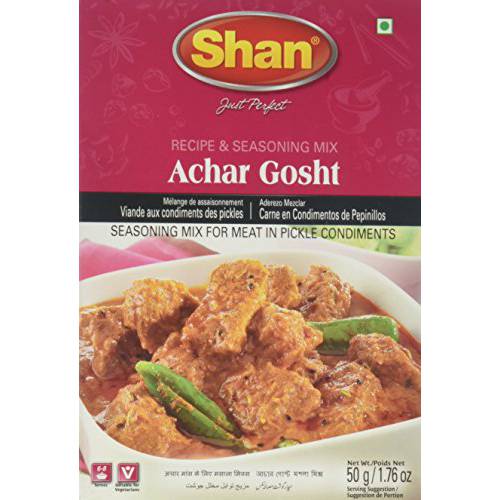 Shan Achar Gosht Recipe and Seasoning Mix 1.76 oz (50g) - Spice Powder for Meat in Pickle Condiments - Suitable for Vegetarians - Airtight Bag in a Box