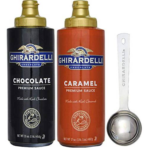 Ghirardelli Caramel and Chocolate Sauce 16 Ounce 1 of each Squeeze Bottle (Set of 2) with Ghirardelli Stamped Barista Spoon