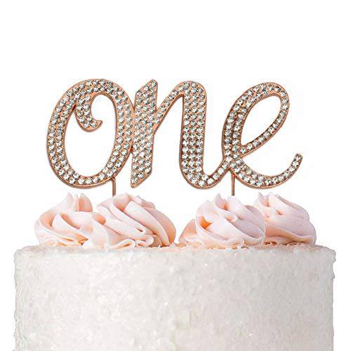 One Cake Topper - Premium Rose Gold Metal - 1st Birthday Party Sparkly Rhinestone Decoration Makes a Great Centerpiece - Now Protected in a Box
