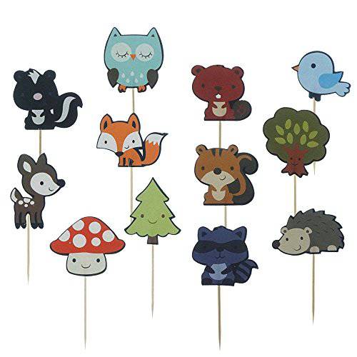 Shxstore Woodland Creatures Theme Cupcake Toppers Forest Animals Friends Cake Toppers Picks for Birthday Wedding Party Decor, 24 Counts