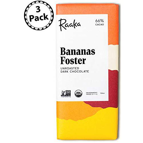 Raaka Chocolate Bananas Foster 66% Cacao Dark Chocolate | Gourmet Dark Chocolate Gift | Organic, Vegan, Fair Trade, Soy Free, Non GMO, Gluten Free, Kosher | 1.8oz Bars, 3-Pack