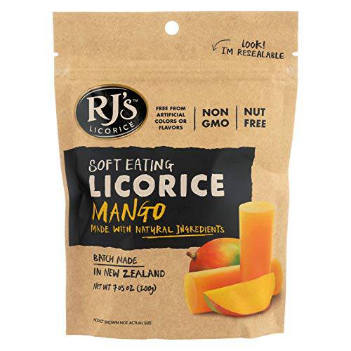 Soft Eating Mango Licorice - RJ’s Licorice 7.05oz Bag - NON-GMO, NO HFCS, Vegan-Friendly & Kosher - Batch Made in New Zealand