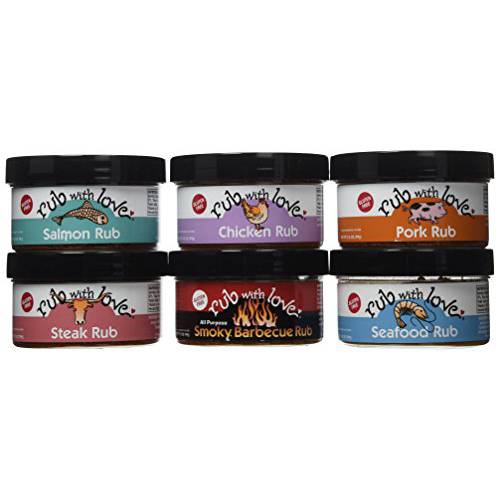 Rub with Love, Favorites Meat Rubs and Seasonings Set (6 Jars) Grilling and BBQ Spices for Salmon, Chicken, and Steak