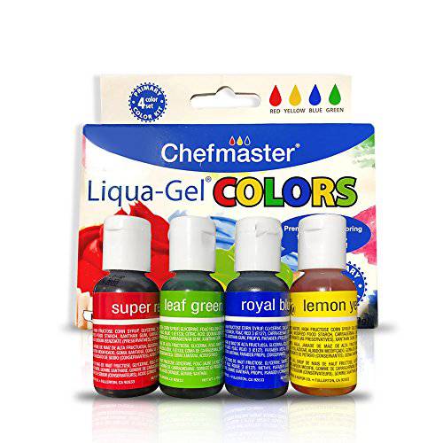 Chefmaster - Primary Colors Liqua-Gel Food Coloring Kit - Water-Based Food Coloring Gel - 4 Pack - Highly Pigmented Gel, Vividly Colored Desserts, Easy-To-Blend Formula - Made in the USA