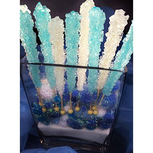 Light Blue and White Rock Candy Crystal Sticks - 24 Indiv. Wrapped - Cotton Candy & Original Sugar Flavored
