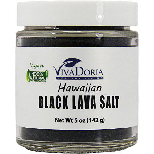 Viva Doria Hawaiian Black Lava Sea Salt, Fine Grain, Lava Salt, 5 Oz Glass Jar