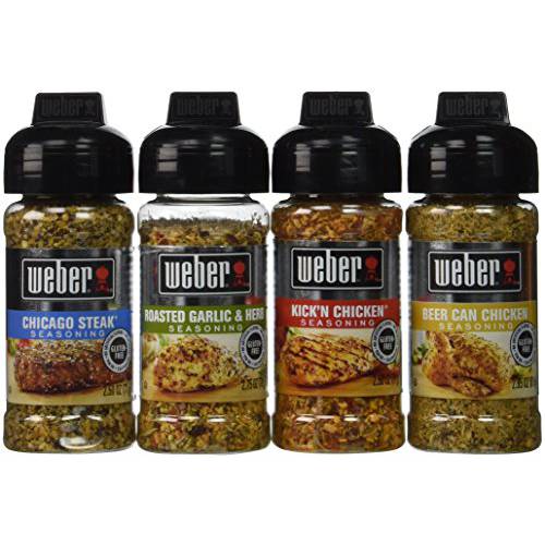 Weber Seasoning Variety 4 Flavor Pack 2.5-2.75 Ounce (Chicago Steak, Roasted Garlic and Herb, Kick’n Chicken, Beer Can Chicken)