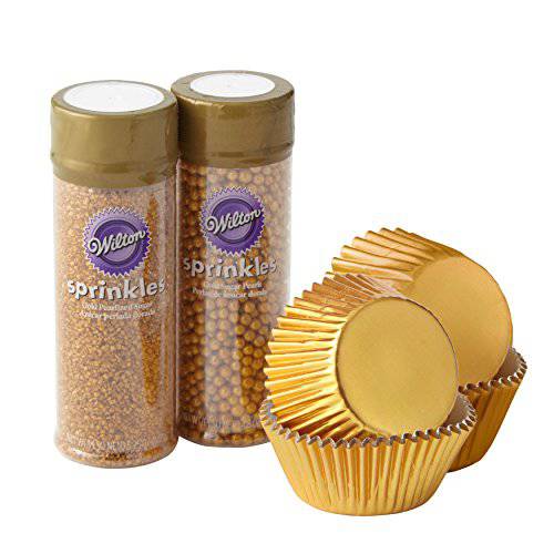 Wilton Gold Cupcake Decorating Kit, 4-Piece - Gold Baking Cups and Sprinkles