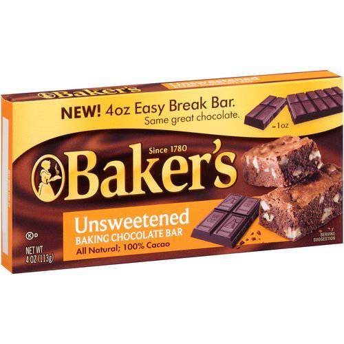 Baker’s Unsweetened Baking Chocolate Bar, 4 Oz (Pack of 2) KOSHER OKd
