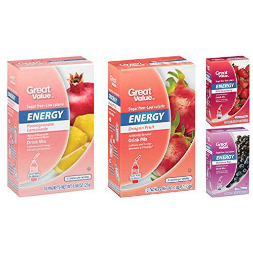 Great Value Energy Drink Mix Variety Bundle, 0.88-1.13 oz box with 10 Drink Packets (Pack of 4) includes 1-Box Blueberry Acai + 1-Box Wild Strawberry + 1-Box Dragon Fruit + 1-Box Pomegranate Lemonade