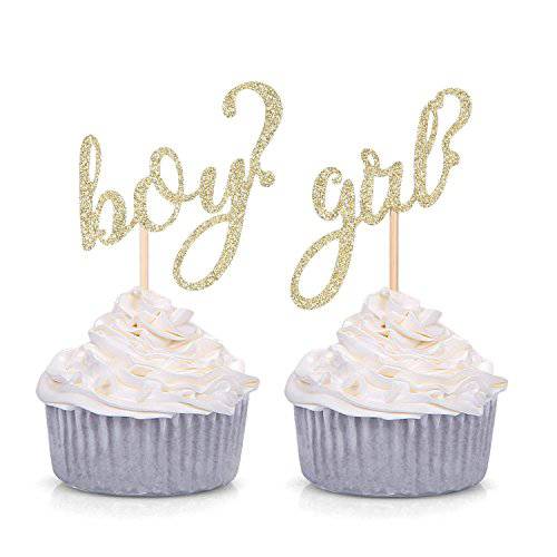 24 CT Gold Glitter Boy or Girl Cupcake Toppers Gender Reveal Party Decors